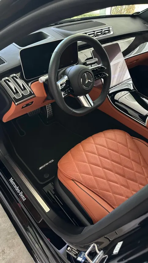Quilted cognac upholstery and dashboard of a Mercedes S-Class